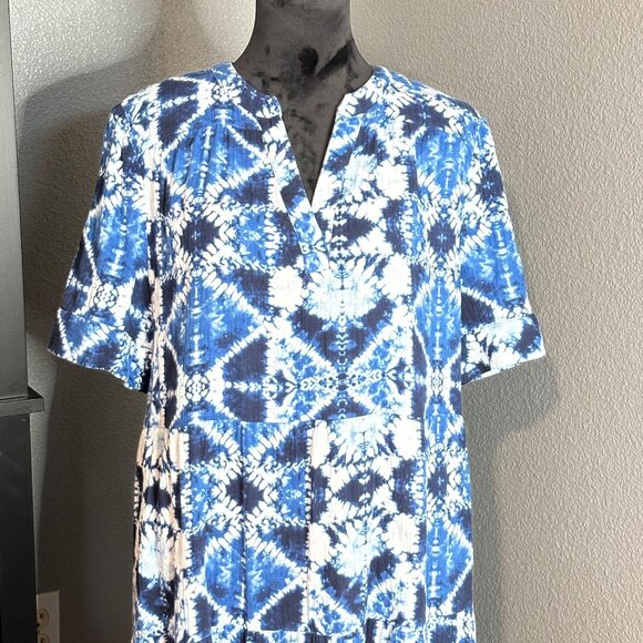 Chico’s Dress Size 2 Large Blue Tie Dye Midi Cotton Short Sleeve Boho Casual - Picture 2 of 9